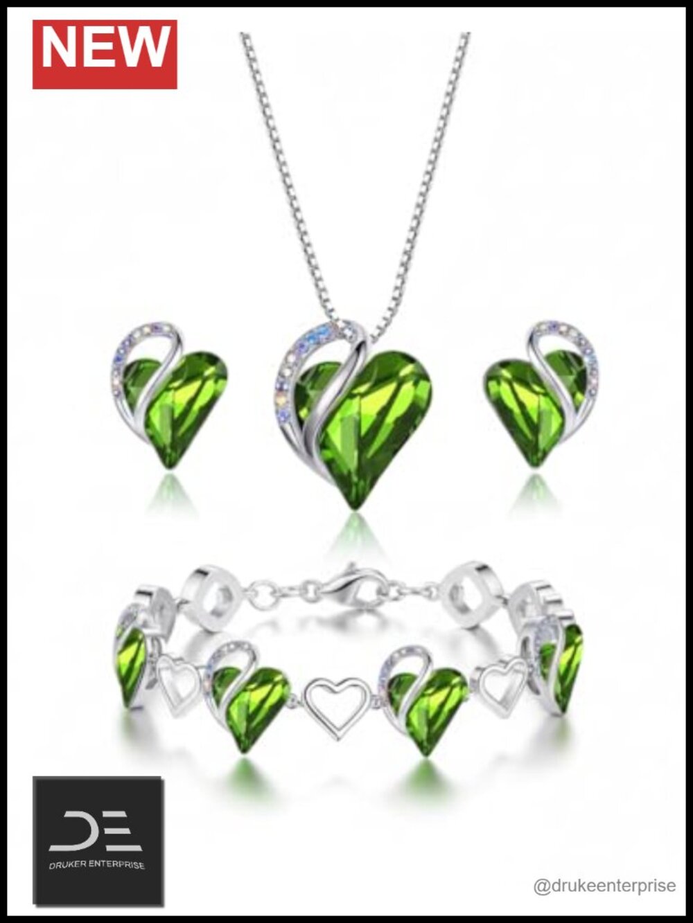 Women's Jewelry Gift Set: Necklace, Earrings, Bracelet - Crystal Heart, Silver